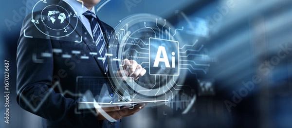 Fototapeta Artificial Intelligence Technology and Global Business Strategy Concept with Digital Interface.