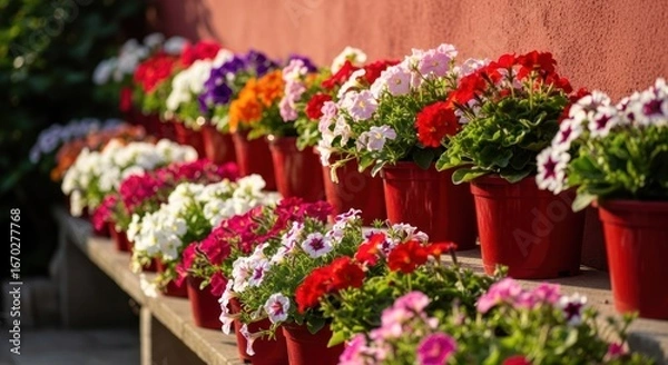 Fototapeta Colorful flower pots in rows against a reddish wall