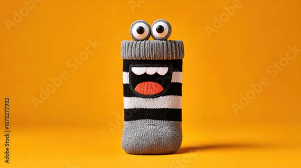 Fototapeta Silly monster sock puppet with googly eyes and striped knit pattern smiling on orange background, playful cheerful toy photography