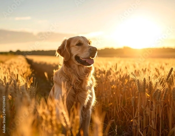 Fototapeta Golden retriever in a golden field at sunset (1)