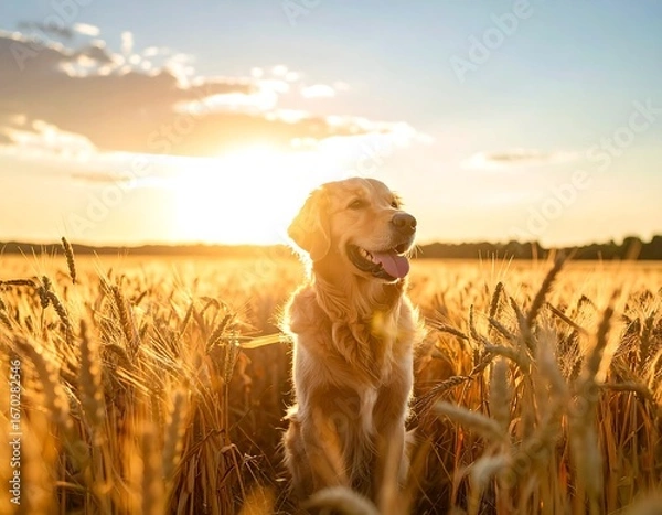 Fototapeta Golden Retriever in a golden field at sunset (1)