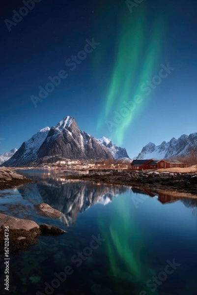 Fototapeta Iconic Norwegian Landmarks with Fjords, Stave Churches, and Aurora Borealis