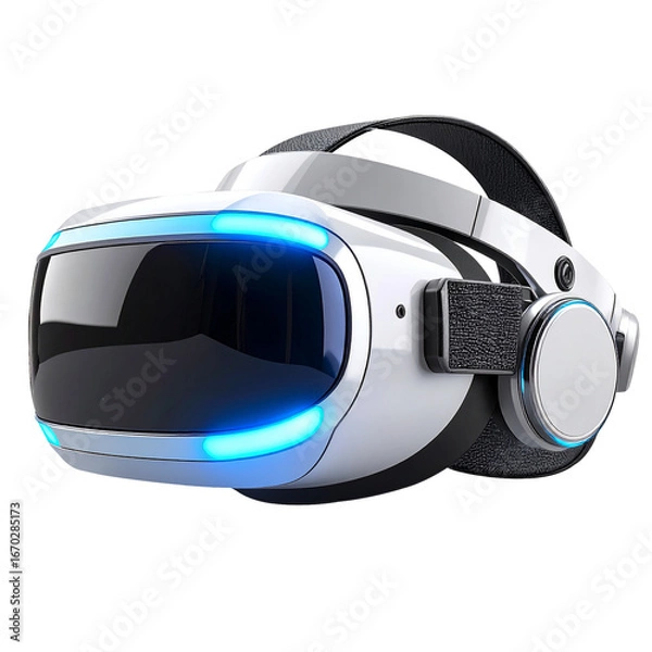 Fototapeta Modern Virtual Reality Headset with Blue Neon Lights Isolated on Transparent Background