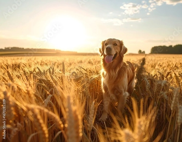 Fototapeta Golden retriever in a golden field at sunset