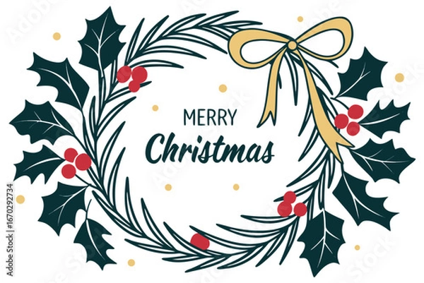 Fototapeta Elegant Christmas Wreath with Berries and Ribbon Flat Design