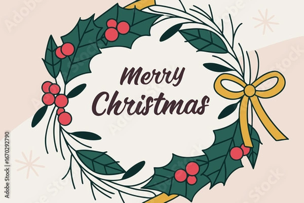 Fototapeta Elegant Christmas Wreath with Berries and Ribbon Flat Design