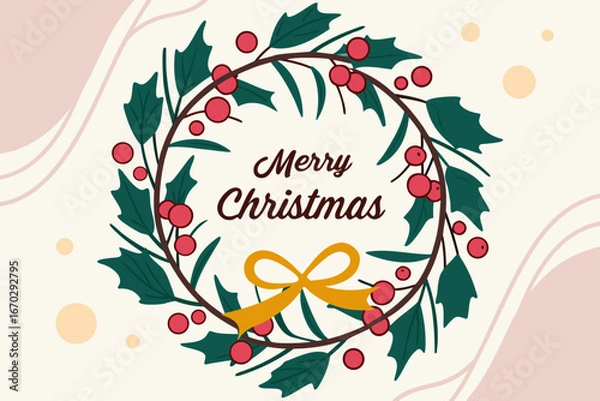 Fototapeta Elegant Christmas Wreath with Berries and Ribbon Flat Design