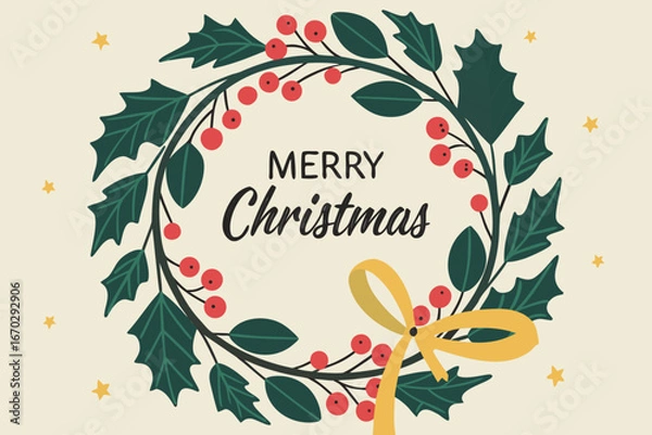 Fototapeta Elegant Christmas Wreath with Berries and Ribbon Flat Design