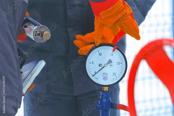 Fototapeta working oil operator screws a pressure gauge to a tap on a gas pipeline.