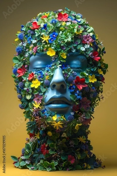 Fototapeta Surreal portrait of a woman surrounded by floating flowers and leaves against an orange backdrop