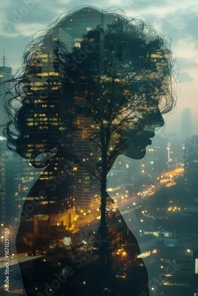 Fototapeta Surreal double exposure portrait of a woman with vibrant abstract art and colorful paint splashes