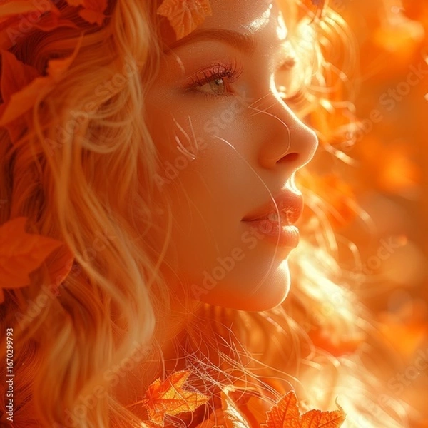Fototapeta Surreal portrait of a beautiful woman with flying flowers and leaves on an orange backdrop