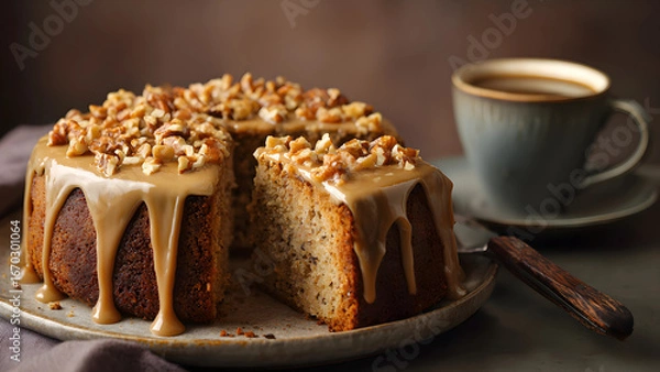 Fototapeta Coffee Walnut Cake with Caramel Glaze and Espresso Cup
