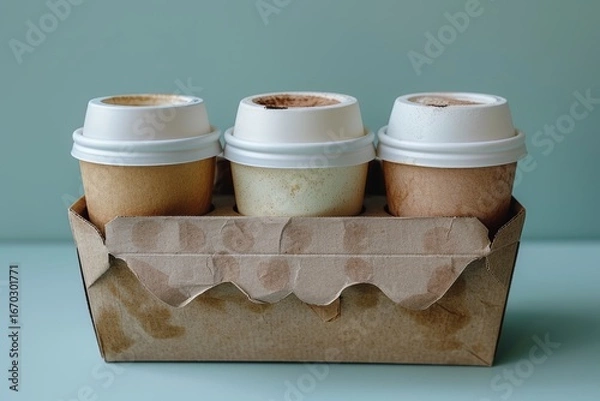 Fototapeta Cardboard carrier with four kraft paper cups, perfect for takeaway coffee and beverage orders