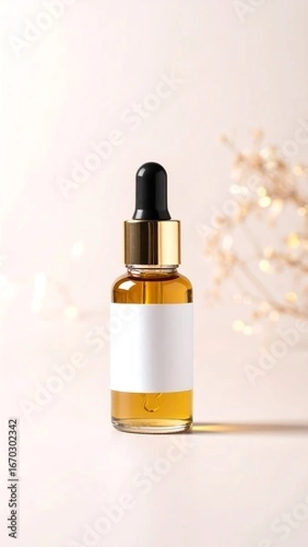 Obraz Golden serum bottle on a beige backdrop