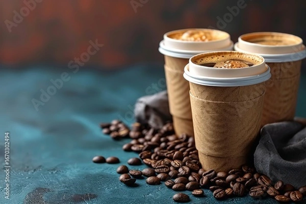 Fototapeta Portable cardboard carrier with four kraft paper cups for convenient beverage takeaway delivery