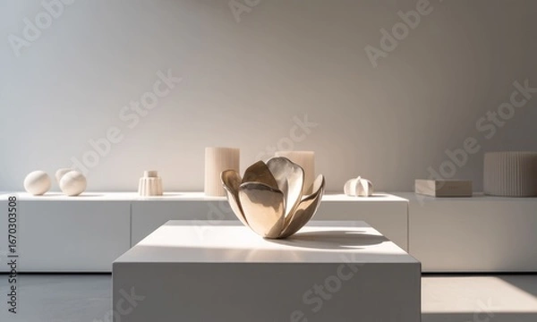 Fototapeta Modern, minimalist display of a sculpted flower-like object on a white pedestal. Sunlight highlights the pieces