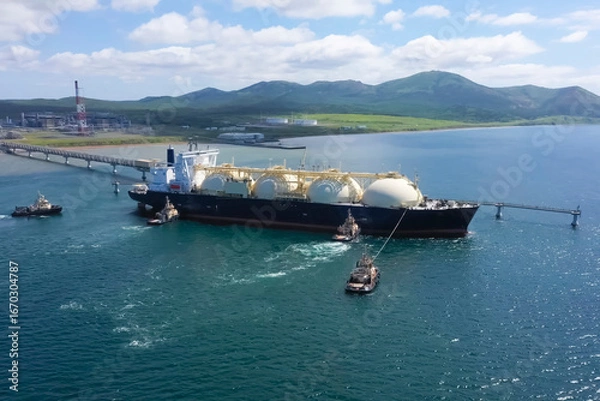 Fototapeta tanker with liquefied natural gas in a port with a fueling terminal.