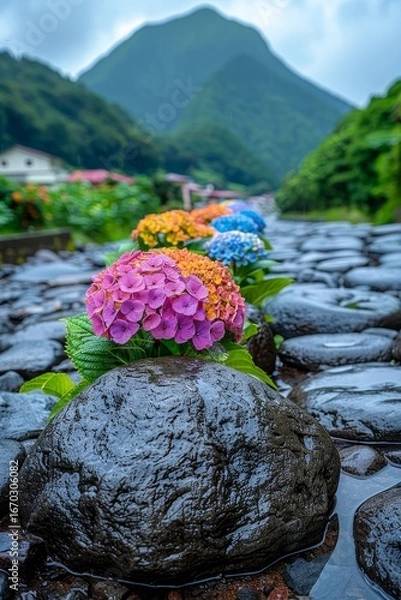 Fototapeta A serene stone pathway meanders through a vibrant garden of colorful blooming flowers