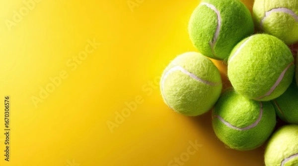 Obraz A collection of bright green tennis balls is artistically arranged against a vivid yellow background, showcasing the texture and freshness of the sport.