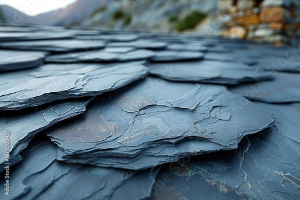 Fototapeta Elegant slate rooftop with chimney  a fusion of classic and modern architectural design