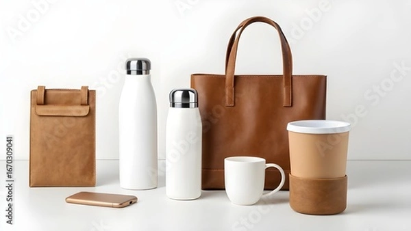 Fototapeta Clean studio mockup of various blank, customizable everyday essentials reusable bottles, tote bag, mug, and tech accessories, ideal for any brand concept