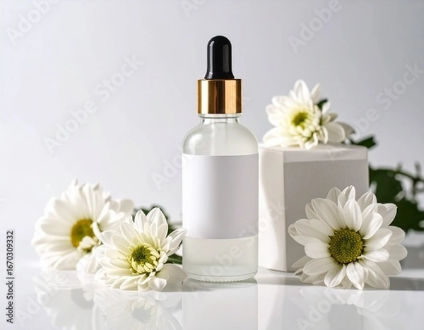 Obraz 白背景に置かれたスポイト付き化粧品ボトルと白い花の美容コンセプトイラスト｜化粧品ボトル,スポイト瓶,美容液,スキンケア,フラワー