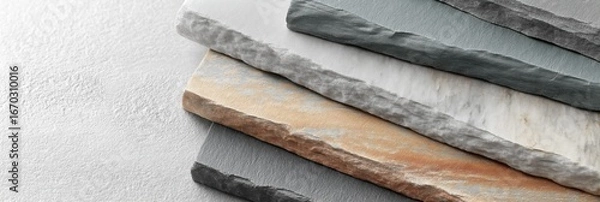 Fototapeta Granite sample slabs in various muted tones on smooth beige surface, highlighting textures and shadows