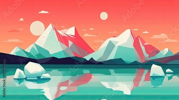 Fototapeta Abstract Mountain Landscape with Reflective Water and Sunset Tones