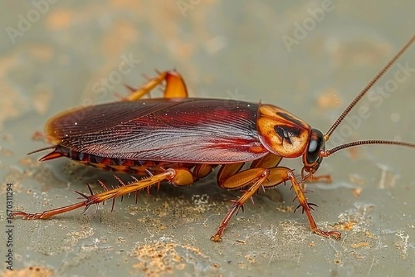 Fototapeta Nocturnal cockroach activity on warm kitchen floor highlights pest problems and hygiene concerns