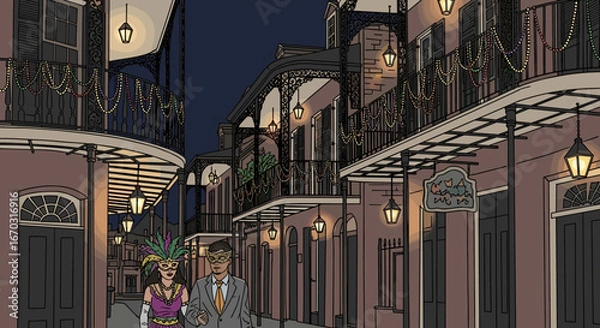 Fototapeta A Charming Evening Stroll in a Historic French Quarter Street