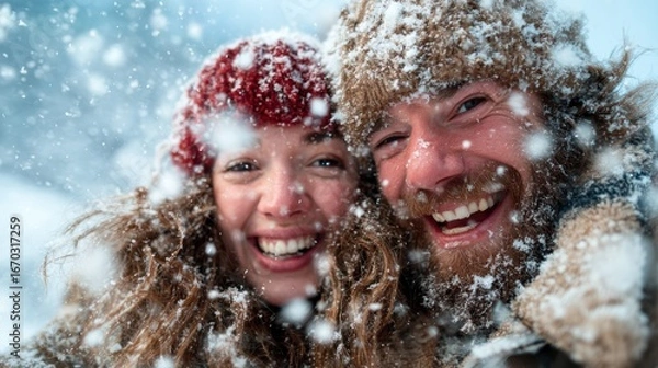 Fototapeta A happy couple with curly hair and a beard share a warm embrace amidst falling snowflakes, radiating love and joy as they savor a beautiful winter day together.