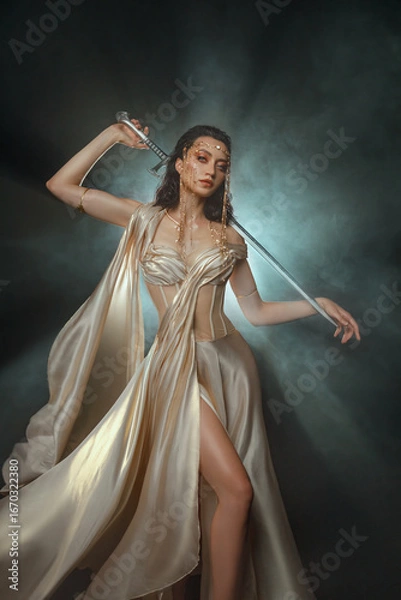 Obraz art photo real person fashion model posing stong face eyes looking at camera, fantasy woman queen holds sword in hands. Black night dark room moon light fog. Gothic girl elf warrior with sharp blade