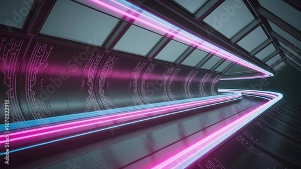 Fototapeta Illuminated corridor features bright pink and blue neon lights and patterned metal walls