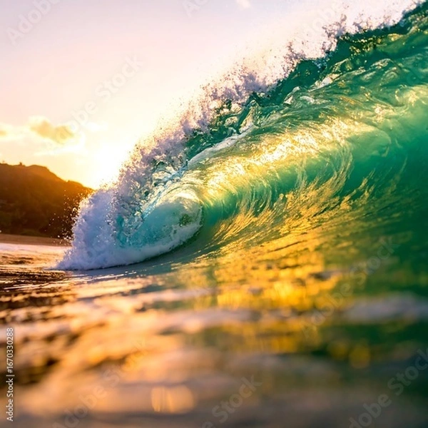 Obraz Golden sunrise wave crashing on the beach