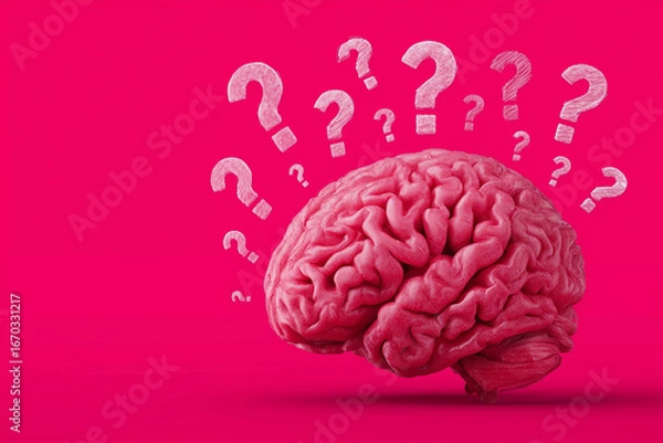Fototapeta A pink brain with a lot of questions written around it