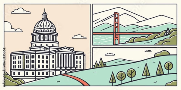 Fototapeta Illustration showcasing capitol building golden gate bridge and landscape in a comic book style