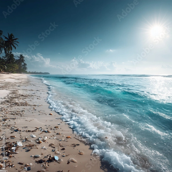 Fototapeta Ocean waves gently lap against a pristine tropical beach with scattered debris under a bright sun, evoking a serene yet concerning glimpse of nature's beauty and pollution