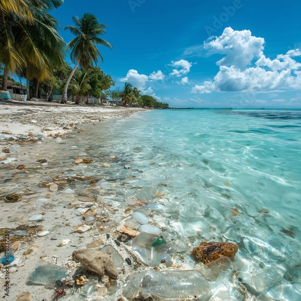 Fototapeta Clear turquoise waters marred by litter along a tropical beach on a sunny day, showcasing environmental impact and the need for conservation efforts