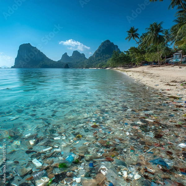 Fototapeta Beautiful tropical beach showing clear waters and plastic pollution, highlighting environmental issues in paradise locations during sunny daytime