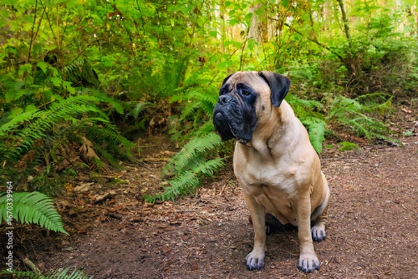 Fototapeta 2025-08-26 A FAWN COLORED BULLMASTIFF SITTING ON WOO DCHIP TRAIL WITH FERNS AND TREES IN THE BACKGROUND IN ROBINSWOOD PARK IN BELLEVUE WASHINGTON