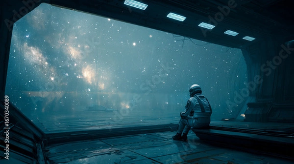 Fototapeta Exploration of the cosmos: An astronaut gazes at the vast, starry universe from a futuristic observation deck in deep space