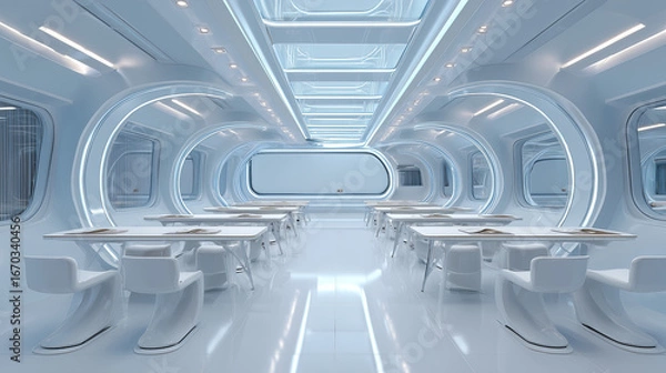 Fototapeta Futuristic dining area featuring sleek white furnishings and illuminated space with modern design elements, perfect for a unique dining experience or creative workspace