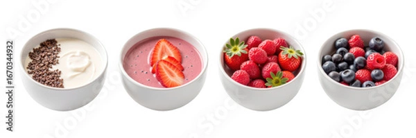 Fototapeta Creamy yogurt topped with chocolate sprinkles, vibrant berry smoothie, fresh strawberries, and mix of raspberries and blueberries create colorful