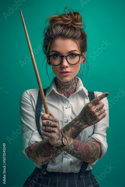 Fototapeta Confident woman with tattoos and glasses directing attention while holding a cue stick in a vibrant setting