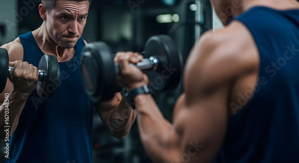 Obraz Focused Man Doing Bicep Curls with Dumbbells.