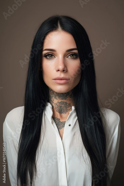 Fototapeta Portrait of a woman with long black hair and intricate tattoos, showcasing a striking expression against a neutral backdrop, highlighting her unique style and confidence