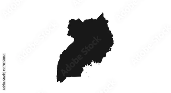 Fototapeta Silhouette of Uganda's geographical shape, a dark solid form against a white background.