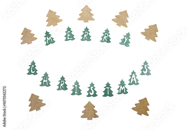 Obraz Merry Christmas sign with cutouts of green trees and golden pine trees around on white background