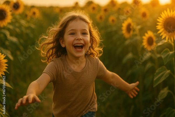 Fototapeta Joyful child running through sunflower field at sunset, smiling with arms outstretched, golden light, carefree summer day, happiness and freedom in nature